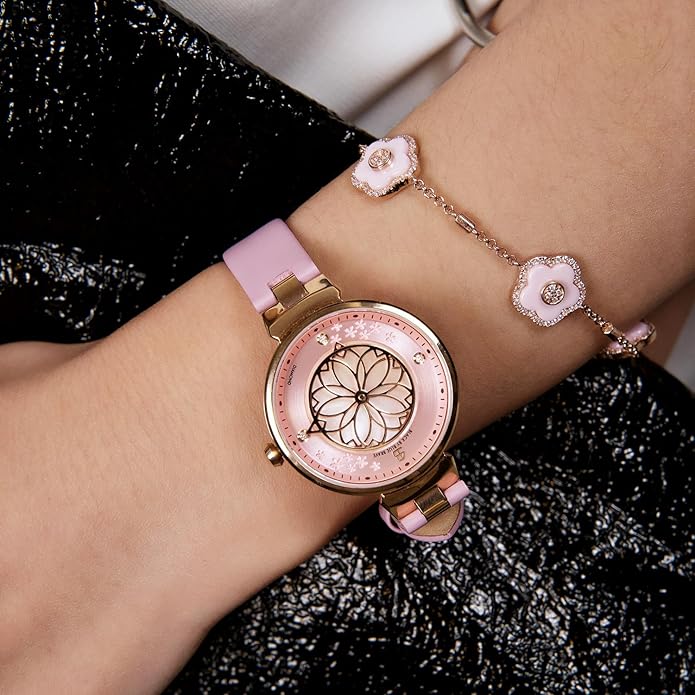 Women Watches Cherry Blossom Women's Watch Mother of Pearl Dial Ladies Watch with Leather Strap Sakura Petal Shape Cherry Blossom Watches for Women Sapphire Crystal Glass for Durability and Clarity