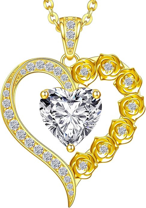 Beam & Bask 2-3 Carat Moissanite Rose Flower Heart Necklace for Her, Sterling Silver Plated with 18K Gold, Birthday, Wedding, Anniversary Pendant Jewelry for Girlfriend, Wife, Bride, Soulmate