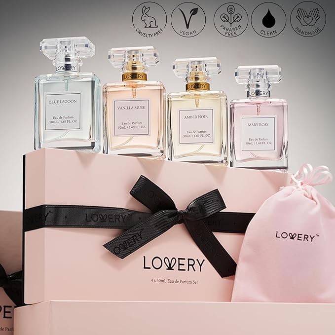 LOVERY Christmas Gifts for Women, Perfume for Women, Women's Perfume Gift Set - 4pc Sampler With Vanilla Musk, Amber Noir, Blue Lagoon & Mary Rose Fragrances - Large Bottle of Floral Parfum