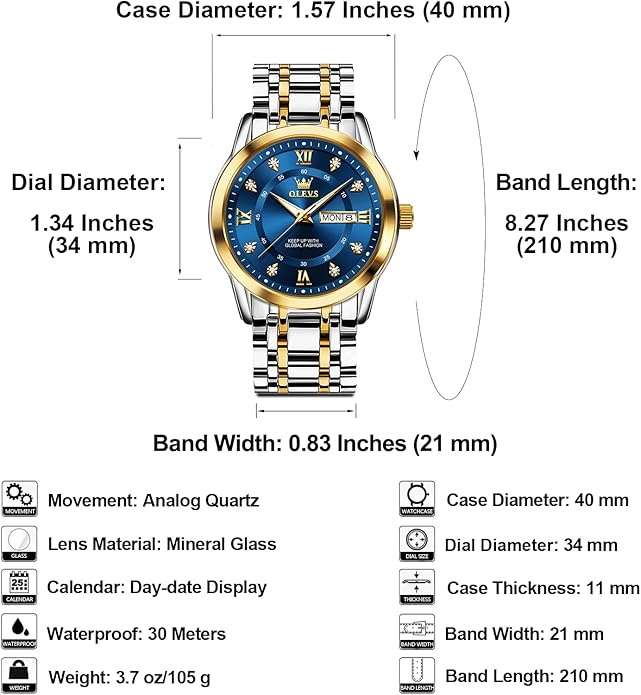 OLEVS Men's Stainless Steel Watch, Large Face Roman Numerals Diamond Accented Three-Hand Analog Quartz Watches for Men, Easy to Read Day Date Waterproof Luminous Mens Wristwatch
