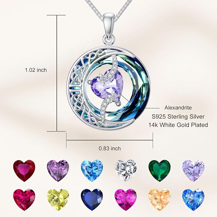 TOUPOP Birthstone Necklace 925 Sterling Silver Moon and Star Pendant with Blue Crystal Celtic Moon Jewelry Birthday Valentines Day Gifts for Women Mom Wife Her