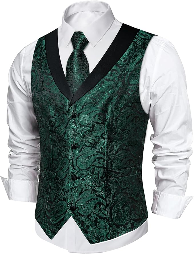 DiBanGu Mens Paisley Suit Vest Silk Jacquard Waistcoat and Necktie Set Formal Shawl Collar Dress Vest 7PCS for Wedding Party