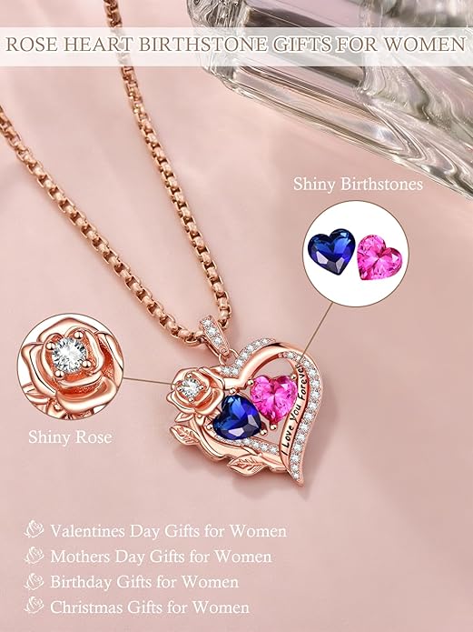Rose Heart Necklaces for Women, Rose Gold Forever Love Jewelry with 2 Birthstones Pendant, Christmas Anniversarry Birthday Gifts for Her Wife Mom Grandma, 18+2 Inch Chain