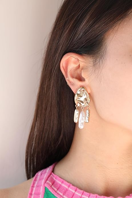 Statement Pearl Dangle Earrings,Gold and Large Pearl,Luxury Chandelier Organic Style Earrings