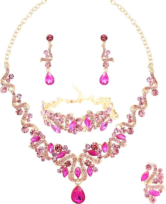 Jewelry Set for Women, Statement Necklace Dangle Earrings Bracelet Ring, White/KC Gold Plated Jewelry Set with Rhinestone Pearl Crystal Wedding Party Jewelry for Bridal Bridesmaid