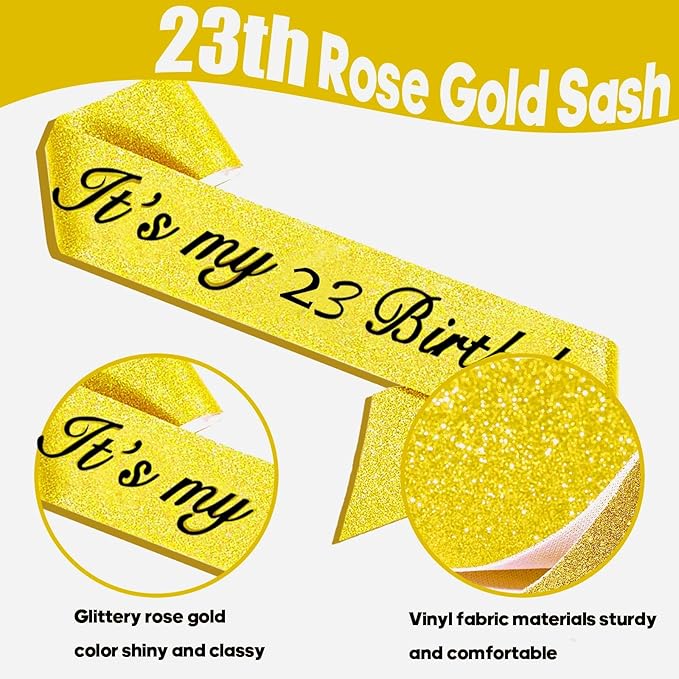Girls 23rd Birthday Decorations Set, Include Crown, Sash, Cake Topper, Candles, Gold Balloons, Party Supplies