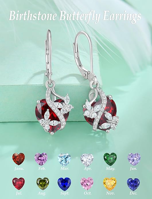 Butterfly Earrings for Women 925 Sterling Silver Heart Earring Birthstone Jewelry