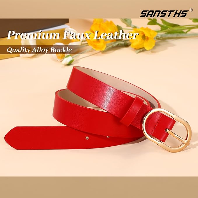 SANSTHS Women Faux Leather Chic Belts for Jeans Pants Fashion Ladies Belt Solid Color with Gold Curved Pin Buckle