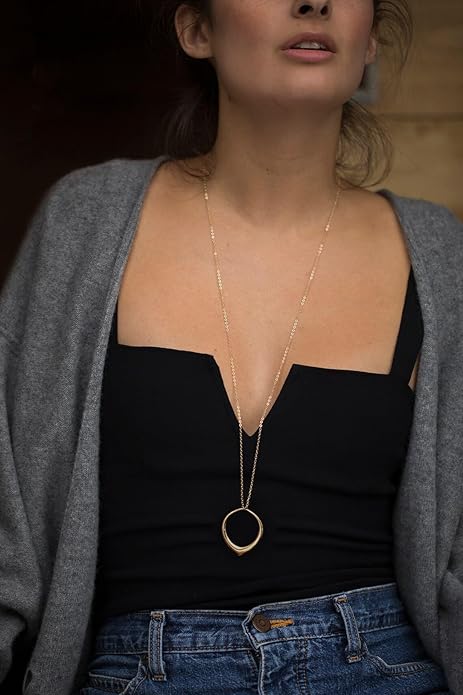 SOFYBJA 18K Gold Plated Circle Pendant Necklace Long Satellite Beaded Chain Jewelry for Women Dainty Hammered Karma Open Circle Charm Geometric Necklace