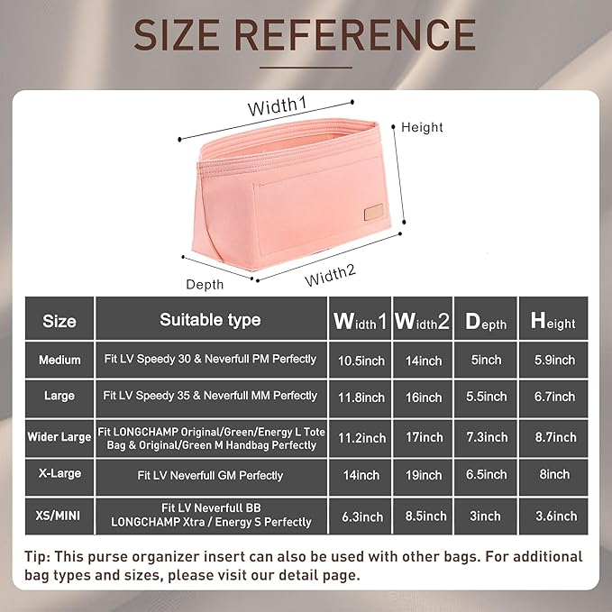 Doxo Purse Organizer Insert & Base Shaper 2pc Set, Felt Handbag & Tote Bag Fit L Speedy 30 Nererfull PM More(Pink,Medium-Combination)
