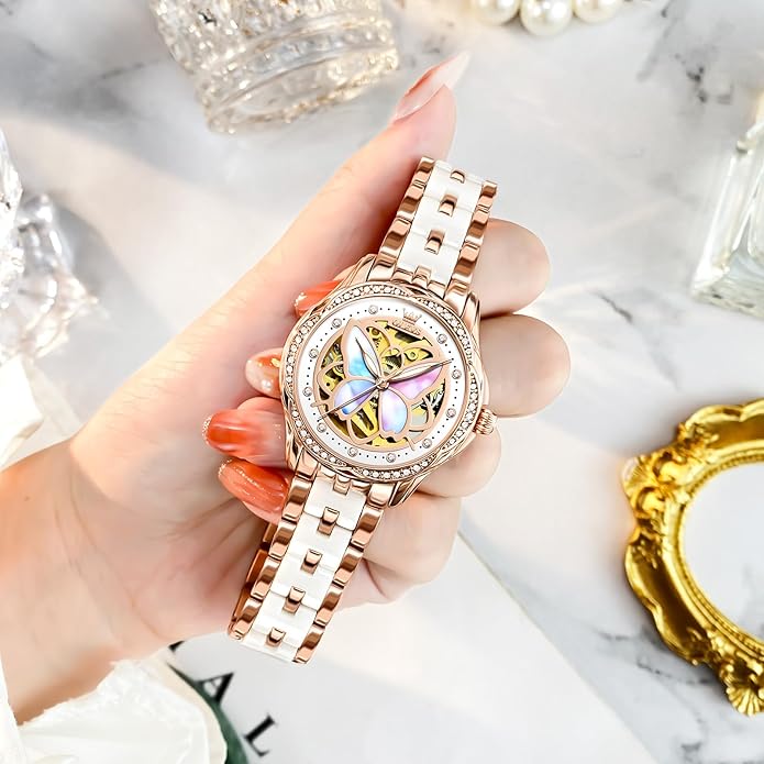 OLEVS Womens Automatic Watch, Premium Large Face Diamond Accented Self Winding Watches for Women, Fashion Waterproof Ladies Dress Watch, Two Tone Stainless Steel Ceramic Bracelet