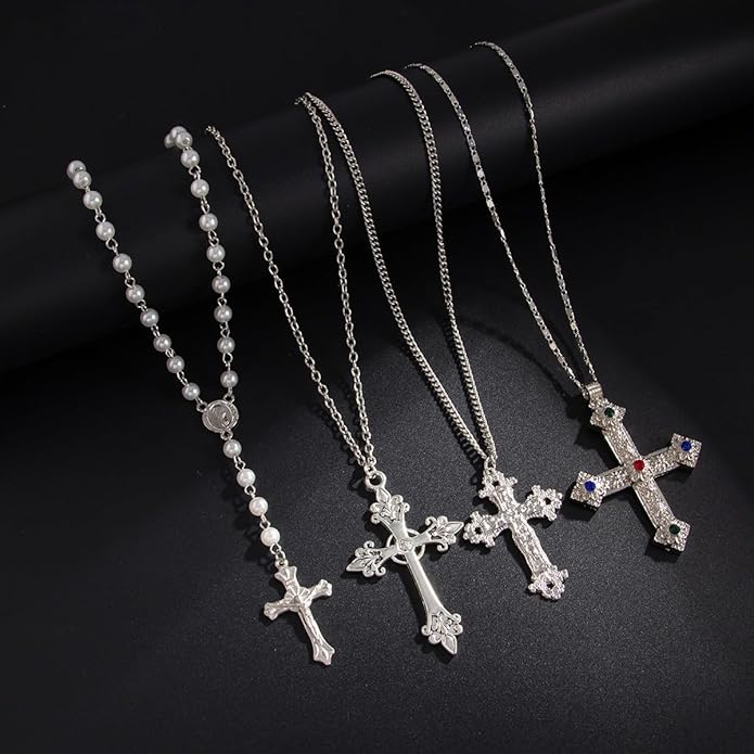 Gold Color Cross Pendant Necklace Set for Women,Dainty Big Crystal Cross Imitation pearl Layered Chain Necklace Summer Party Jewelry