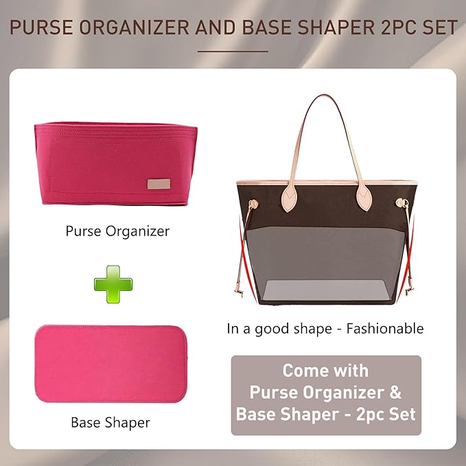 Doxo Purse Organizer Insert & Base Shaper 2pc Set, Felt Handbag & Tote Bag Fit L Speedy 35 Nererfull MM More(L-Rose)