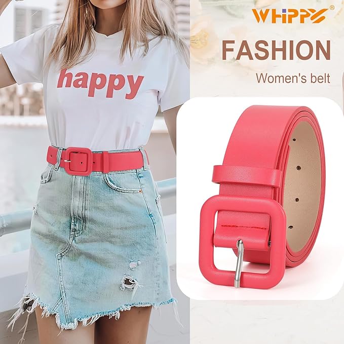 WHIPPY Women Leather Belt Candy Color Fashion Square Buckle Belt Ladies Belt for Jeans Pants Dresses
