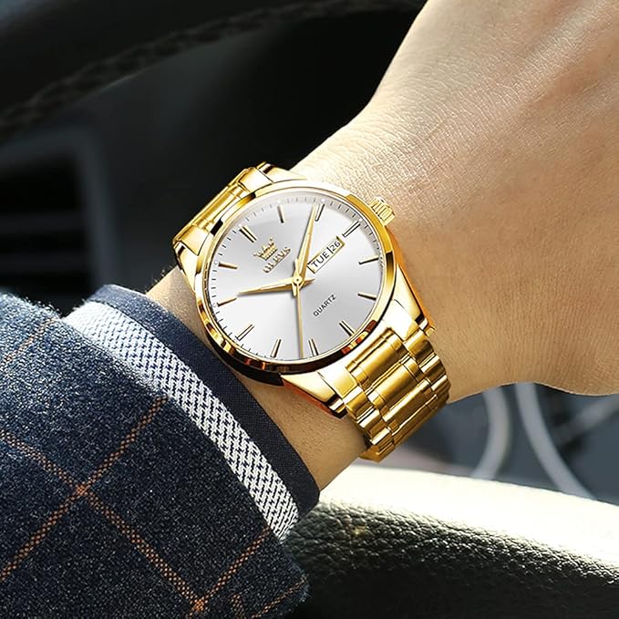OLEVS Mens Gold Watches Analog Quartz Business Dress Watch Day Date Stainless Steel Classic Luxury Luminous Waterproof Casual Male Wrist Watches