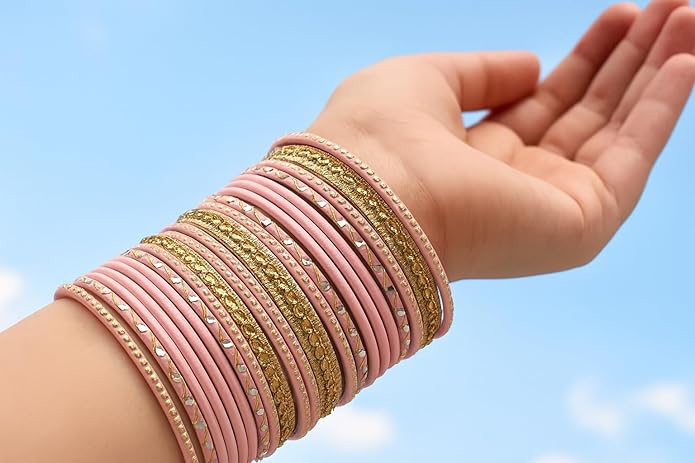 Touchstone Indian Metal Bangles for Women Gold Alloy Bracelets desi 2 Dozen Bangle Collection Bollywood Women's Jewelry Set Multi Stacking Wide Chunky Textured Golden Set of 24 in Gold or White Tone