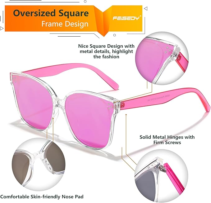 FEISEDY Oversized Polarized Sunglasses - UV400 Protection, Square Fashion Sun Glasses for Outdoor & Daily B2600