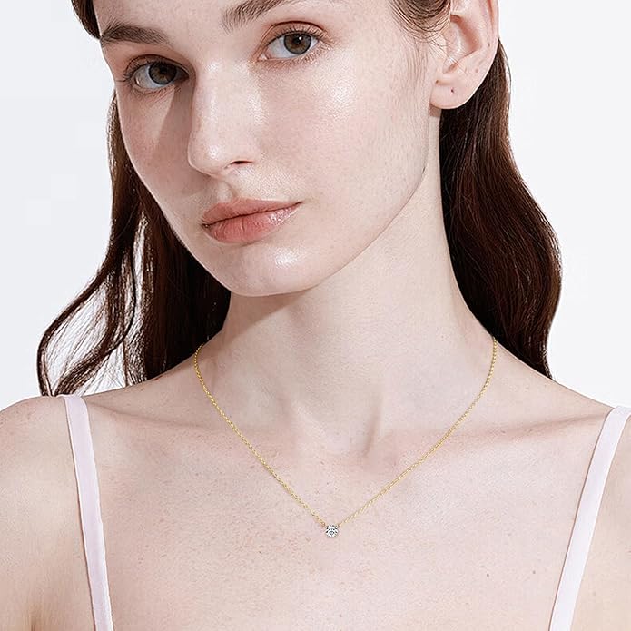 S925 Sterling Silver 0.5/1ct Single Diamond Necklace for Women, D-Color VVS1, Minimalist Round Diamond Collarbone Chain, Wonderful for a Daughter Christmas Gift