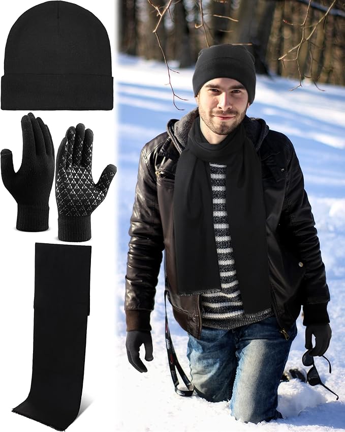 6 Pieces Women Men Knit Winter Warm Beanie Hat Touchscreen Gloves Scarf Set Fleece Lining Skull Caps Neck Scarves (Black, Wine Red)
