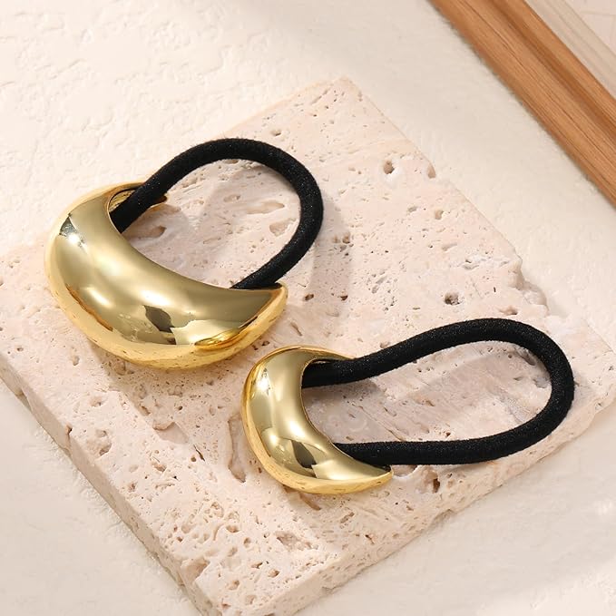 2PCS Gold Hair Ties for Women - Metal Hair Accessories for Thick Hair, Elegant and Durable Geometric Design, Ponytail Cuffs Stretchy Non-Damage Holiday Gifts