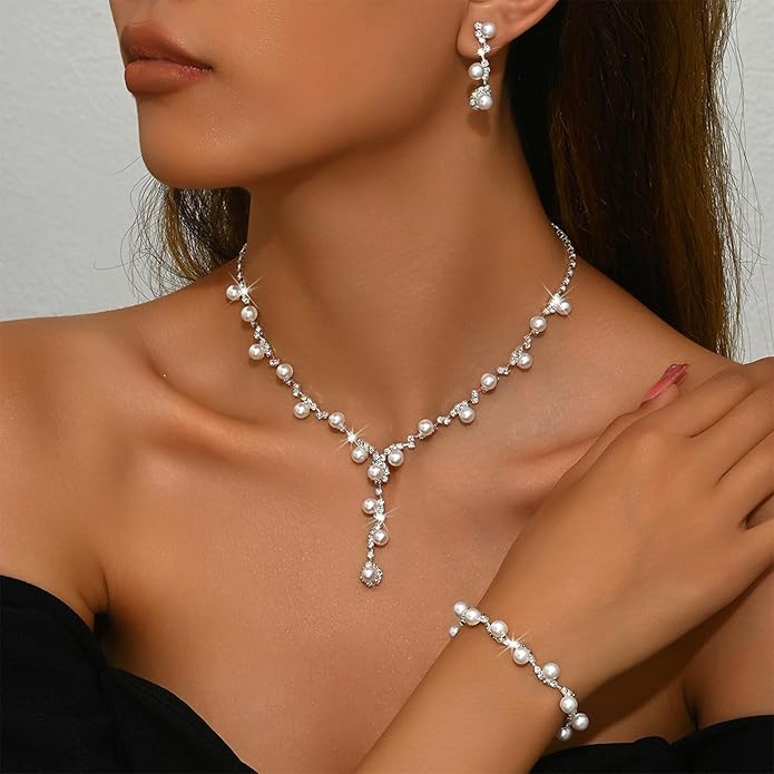 Wedding Jewelry Sets for Brides Silver Rhinestone Necklaces Earring Bracelet Set Wedding Sets for Women Prom Jewelry Sets for Women