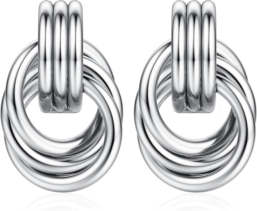 ORAZIO Chunky Gold Plated Knot Earrings for Womens Trendy 925 Silver Statement Lightweight Dangle Drop Hypoallergenic Large Geometric Stud Earring Jewelry for Women