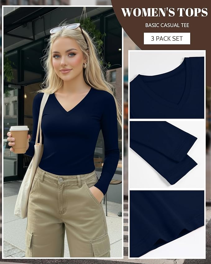 Ficerd 3 Pack Women's Long Sleeve Shirts, V Neck Basic Tees Slim Fitted Casual Fall Tops Going Out Blouses T Shirts