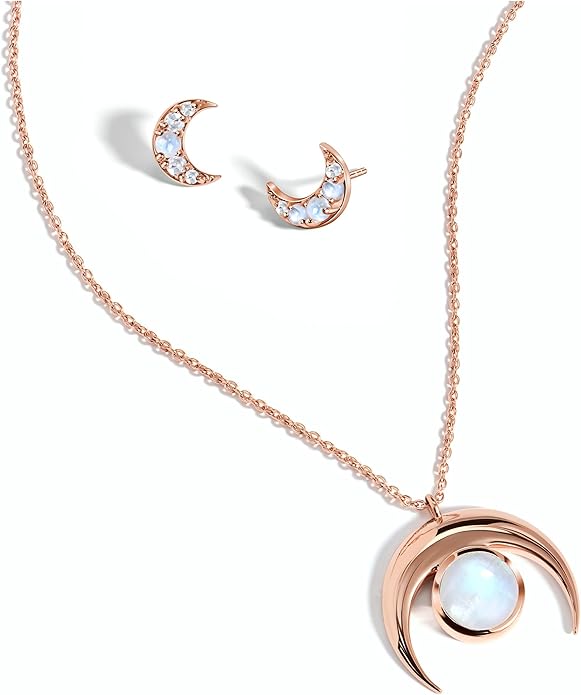 Moon Magic | Authentic Moonstone Earrings & Necklace Set for Women | Real 925 Sterling Silver & 18K Rose Gold Raw Crystal Studs & Necklace | Jewelry Set for women
