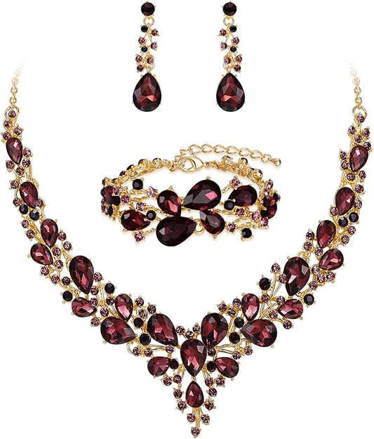BriLove Wedding Bridal Jewelery for Women Austrian Crystal Teardrop Cluster Statement Necklace Dangle Earrings Link Bracelet Set