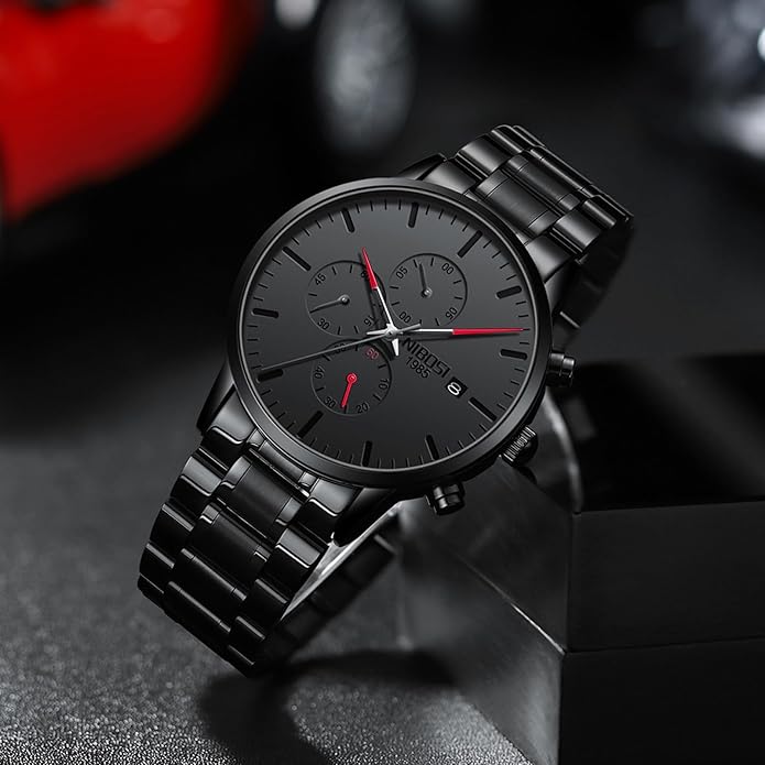 NIBOSI Men's Watches Analog Minimalist Black Dial Watches for Men Business Chronograph Military Casual Wrist Watches Stainless Steel Strap Date