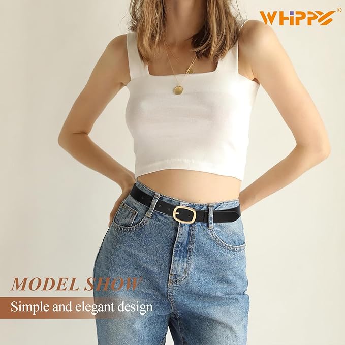 WHIPPY Women Leather Belt Casual Fashion Gold Buckle Leather Waist Belt for Jeans Pants Dresses Chic Ladies Belt