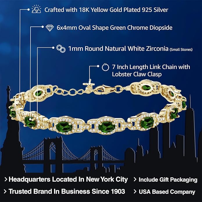 Gem Stone King 18K Yellow Gold Plated Silver Oval Gemstone Birthstone Tennis Bracelet For Women | Oval 6X4MM | 7 Inch With 1 Inch Extender | Fine Jewelry Gifts for Her Mom Women Wife