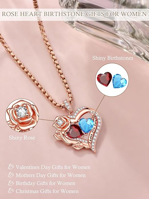 Rose Heart Necklaces for Women, Rose Gold Forever Love Jewelry with 2 Birthstones Pendant, Christmas Anniversarry Birthday Gifts for Her Wife Mom Grandma, 18+2 Inch Chain