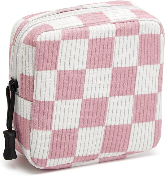 Small Makeup Bag for Purse,Mini Cosmetics Bag cute Zipper corduroy Cosmetic Pouch Storage Pouch Travel Toiletry Organizer for Women Girls(Checkered Pink)