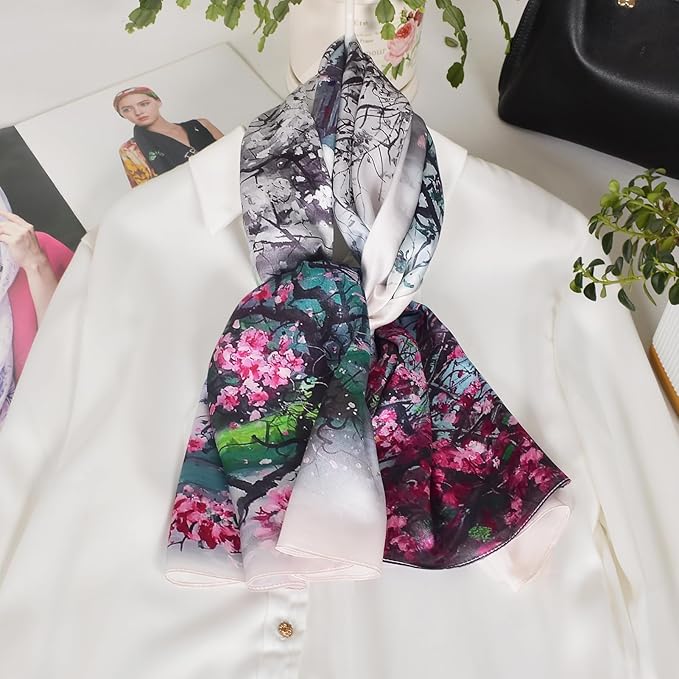 100% Mulberry Silk Scarf for Women Neck Oblong Headscarves Long Floral Print Lightweight Silk Wraps Shawls 67"*20"