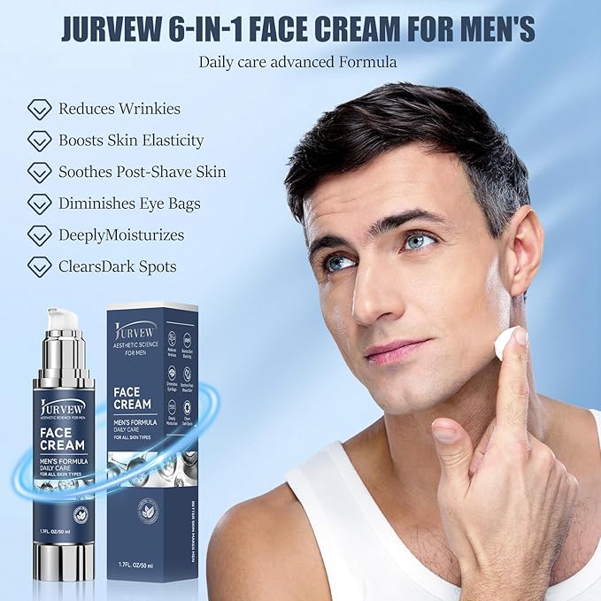 6-in-1 Face Cream for Men - Anti-Aging Moisturizer with Hyaluronic Acid & Niacinamide, Reduces Wrinkles, Dark Spots, Under Eye Bags, For Dry Skin, Daily Hydrating Face & Eye Treatment (1.7Oz)