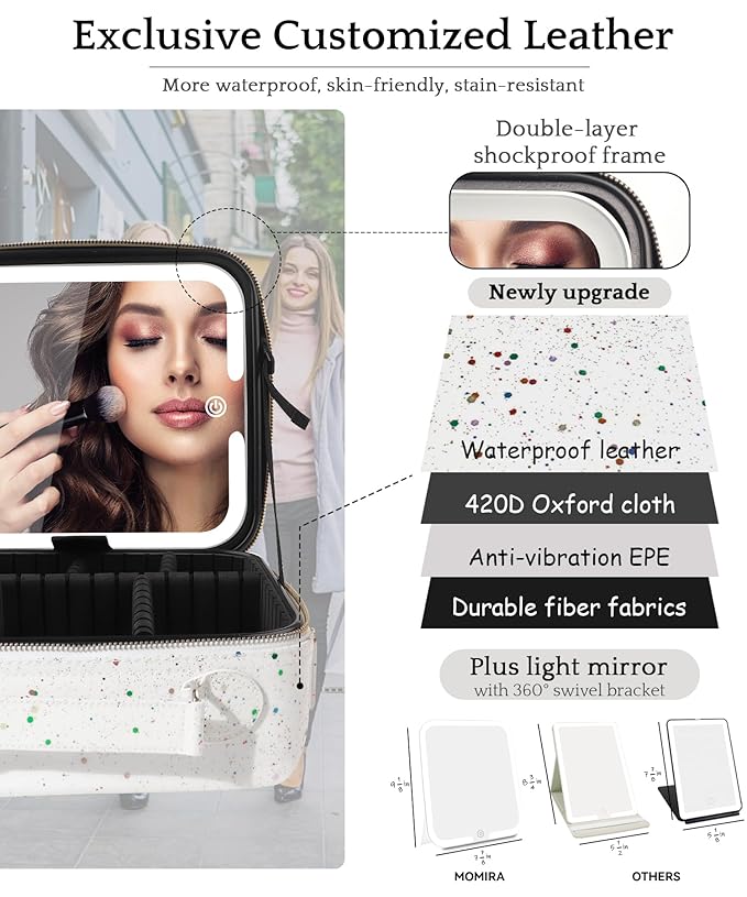 MOMIRA Travel Makeup Bag Cosmetic Bag with Lighted Mirror, Adjustable Brightness in 3 Color Scenarios/Detachable makeup mirror, 2024-All-round Upgrade, Waterproof, Gift for Women -Glett White