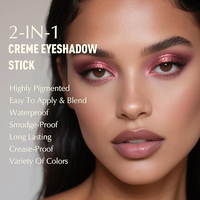 Copper Pink Shimmer Eyeshadow Stick, Cream Eyeshadow Long-Lasting Crease-Proof Neutral Glitter Eye Shadow Eyeliner Pencil High Pigmented Highlighter Makeup with Blending Brush