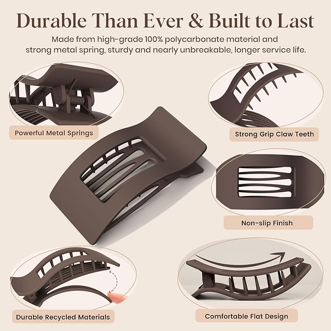 Oeusnae 4 PCS Flat Hair Clips for Women Girls, French Concord Lay Down Claw Clips for Thick Thin Hair, Comfortable Curved Large Flat Clips, Matte Non-slip Strong Hold Hair Accessories, Brown