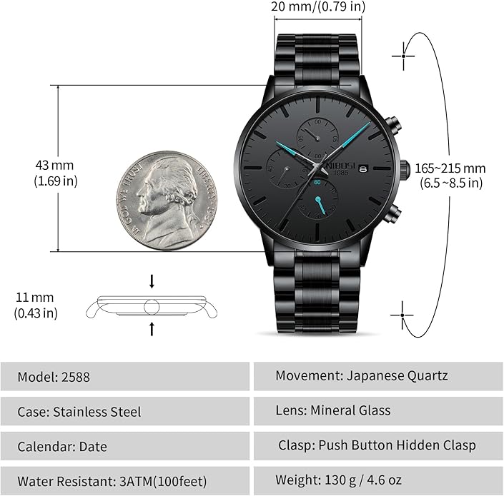 NIBOSI Men's Watches Analog Minimalist Black Dial Watches for Men Business Chronograph Military Casual Wrist Watches Stainless Steel Strap Date