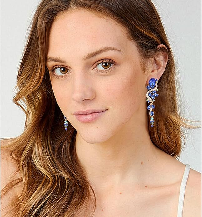 Fashion Rhinestone Statement Drop Dangle Earrings Long Colorful Crystal Bridal Wedding Teardrop Chandelier Earrings for Women Prom Pageant
