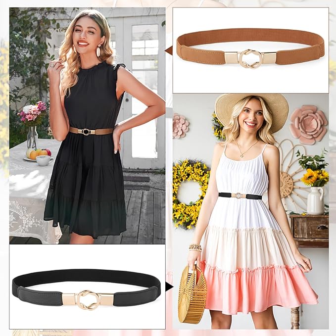 WERFORU Women Skinny Belt for Dresses Retro Stretch Waist Belt with Gold Buckle Set of 4