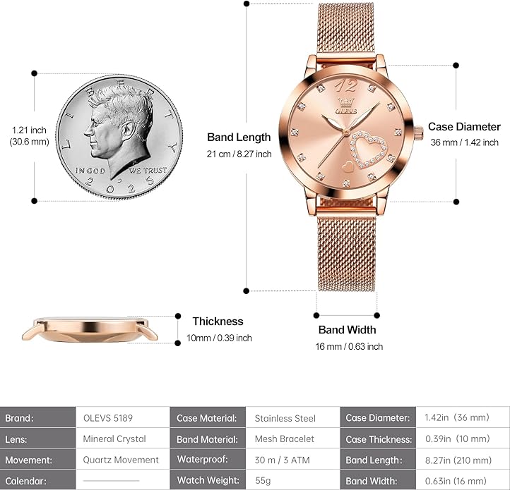 OLEVS Women's Small Wrist Rose Gold Tone Watch - Cute Diamond Heart Arabic Numerals Dial, Fashion Waterproof Mesh Bracelet Analog Dress for Ladies
