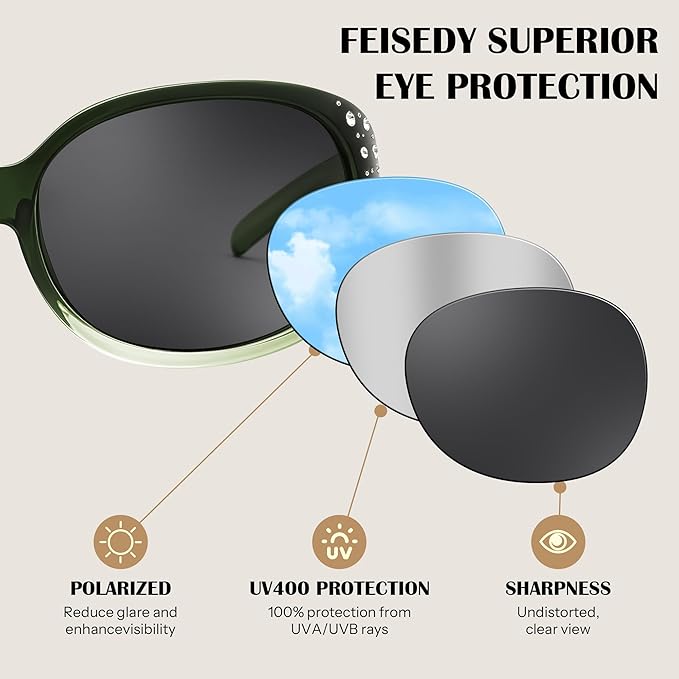 FEISEDY Women's Polarized Sunglasses Wrap Around Rhinestone Design Fashion Sunnies UV400 Protection B1091