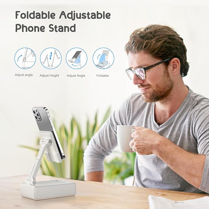 TechGlow Foldable Cellphone Stand with Bluetooth Speaker and Charging Function Birthday Gifts for Men Women Mother Father Brother Sister Teens Cool Tech Gadgets-White