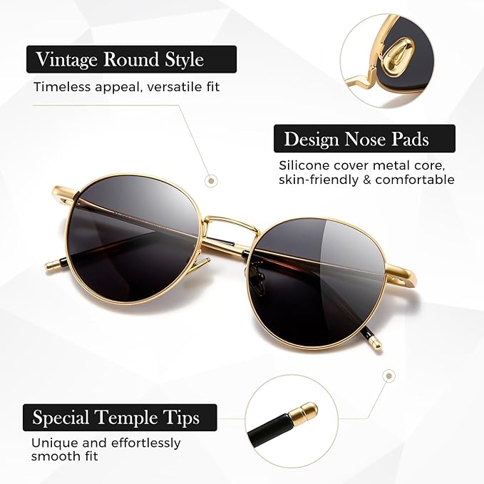 SUNGAIT Ponderable Metal Round Sunglasses for Men Women Classic Vintage Polarized Circle Sun Glasses