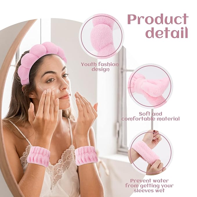 Spa Headband & Wristband Set for Women – Puffy Sponge Makeup Headband for Washing Face, Skincare Hairband, Cute Presents for Teenage Girls and Trendy Teen Girl Gifts