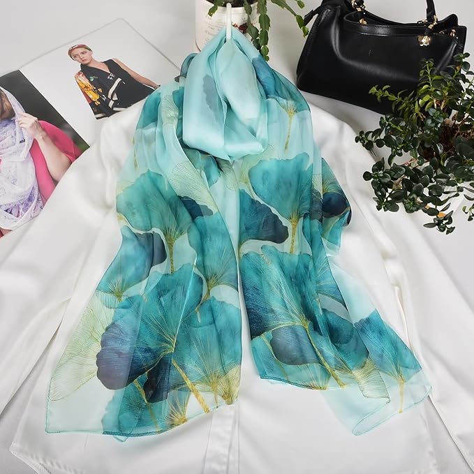 100% Mulberry Silk Women's Neck Silk Scarf-Lightweight Shawl,FLoral Print Beach Silk Wrap-Scarves for Photography