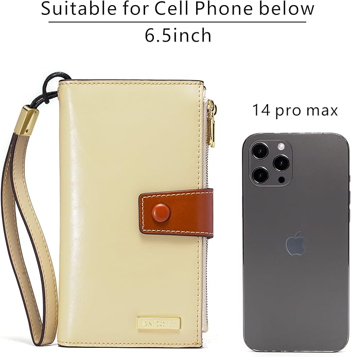ANDOILT Wallet Women RFID Blocking Genuine Leather Bifold Multi Card Organizer Wristlet Purse Cell Phone Handbag