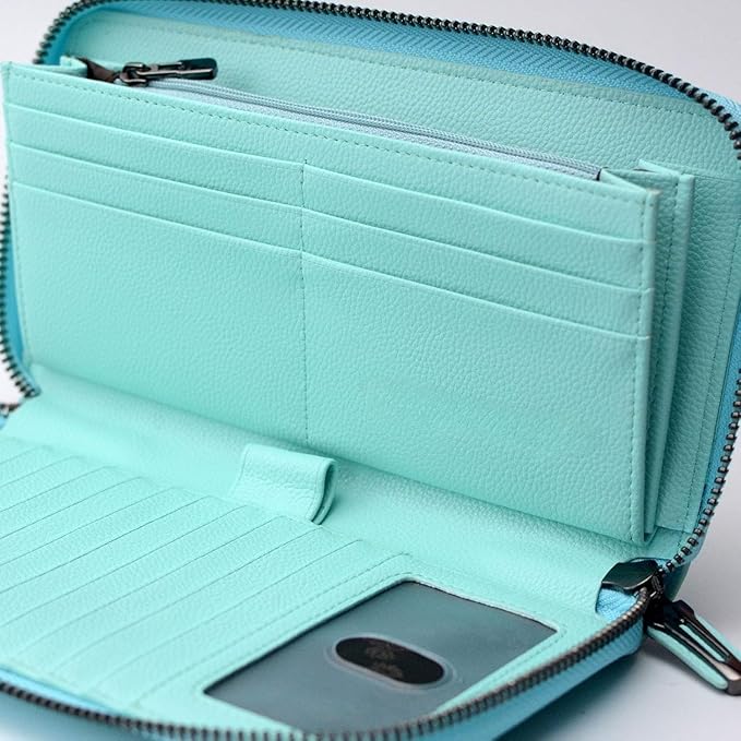 Women's Genuine Leather RFID Blocking Zip Around Wallet with Phone Pocket Large Capacity Travel Wristlet (Light Blue)